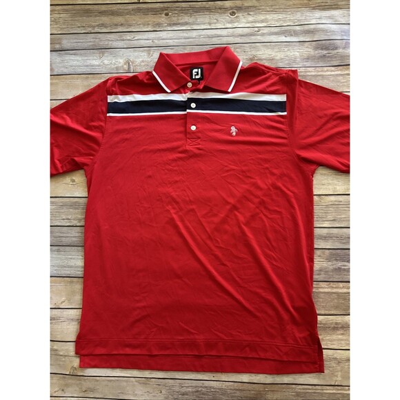 Footjoy Mens Golf Polo Shirt Large Red Striped White And Navy Short Sleeve FJ - Picture 1 of 8